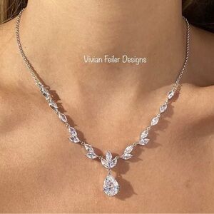 Wedding Jewelry Set LEAF Necklace and Earrings Bridal CZ Teardrop Vintage Style